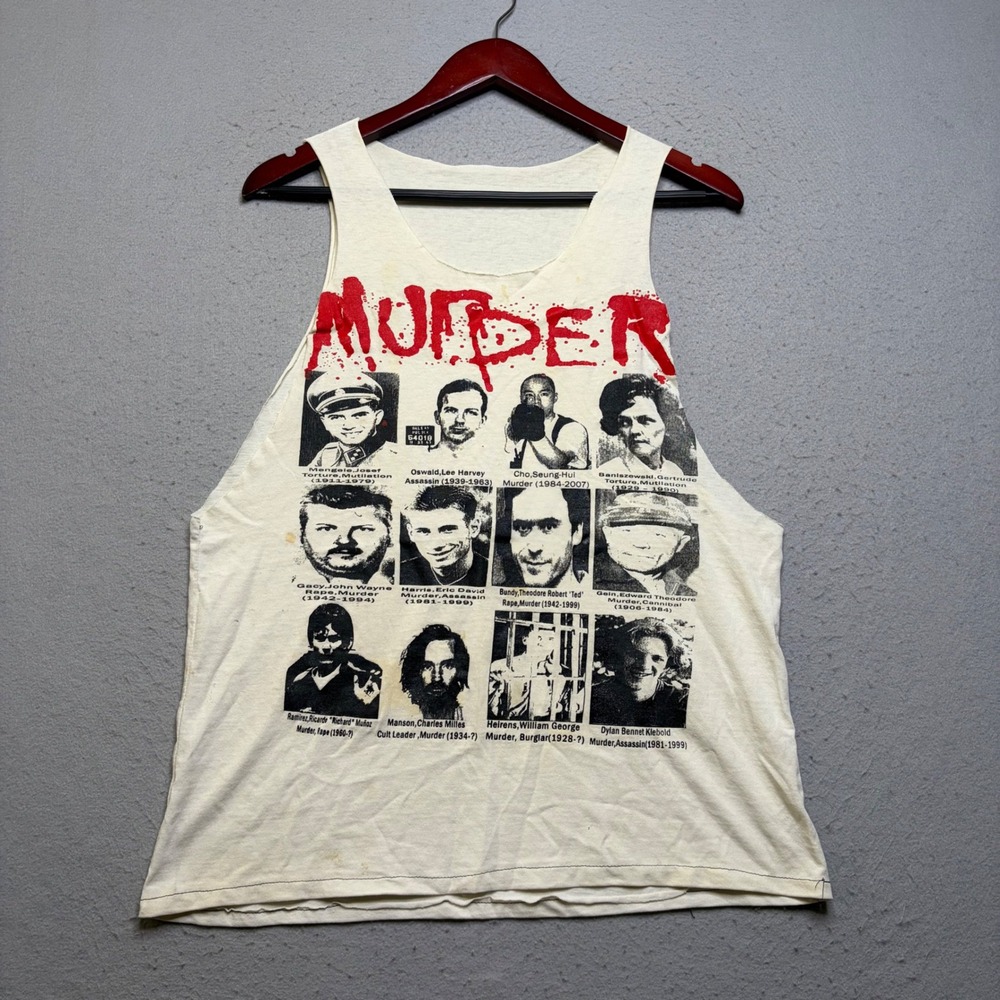 Vintage Graphic Tank Top Mens L Cream Murder Serial Killer True Crime Cut Off